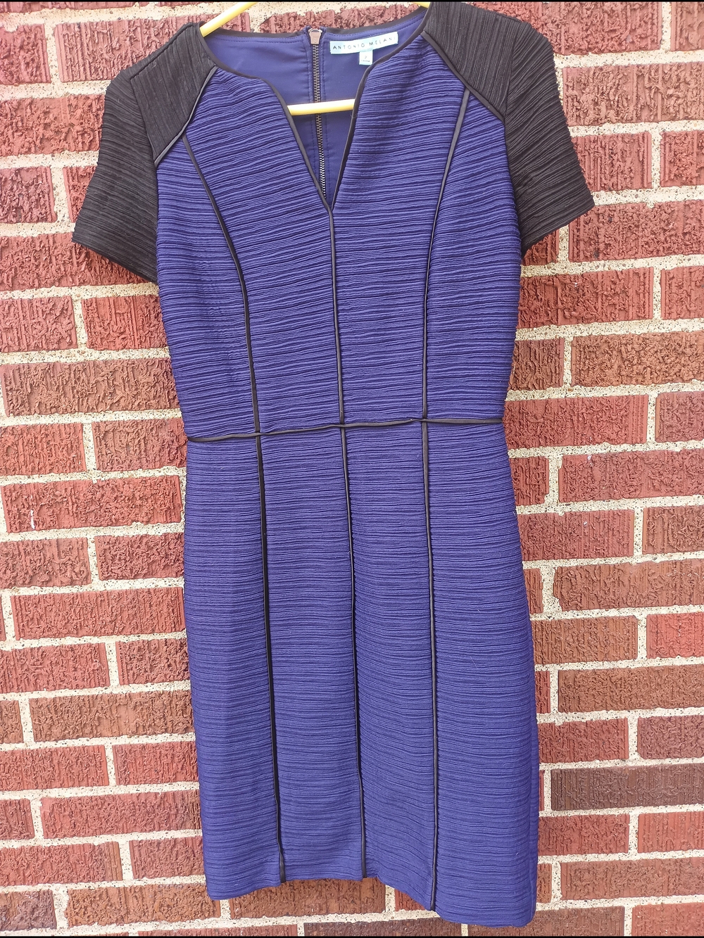 Antonio Melani Blue And Black Textured V-Neck Dress with Black Accents